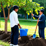 A diverse group of adults and youth, fully clothed in modest, appropriate attire, are actively engaged in a community project, such as planting trees or distributing aid supplies in a clean, well-organized setting. The scene is bright and optimistic, showcasing genuine expressions of cooperation, empathy, and shared purpose among individuals from various backgrounds. The environment is well-lit, possibly outdoors in a park or a community center. safe for work, appropriate content, fully clothed, family-friendly, perfect anatomy, correct proportions, natural pose, well-formed hands, proper finger count, natural body proportions, professional photography, high quality.