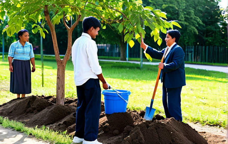 A diverse group of adults and youth, fully clothed in modest, appropriate attire, are actively engaged in a community project, such as planting trees or distributing aid supplies in a clean, well-organized setting. The scene is bright and optimistic, showcasing genuine expressions of cooperation, empathy, and shared purpose among individuals from various backgrounds. The environment is well-lit, possibly outdoors in a park or a community center. safe for work, appropriate content, fully clothed, family-friendly, perfect anatomy, correct proportions, natural pose, well-formed hands, proper finger count, natural body proportions, professional photography, high quality.
