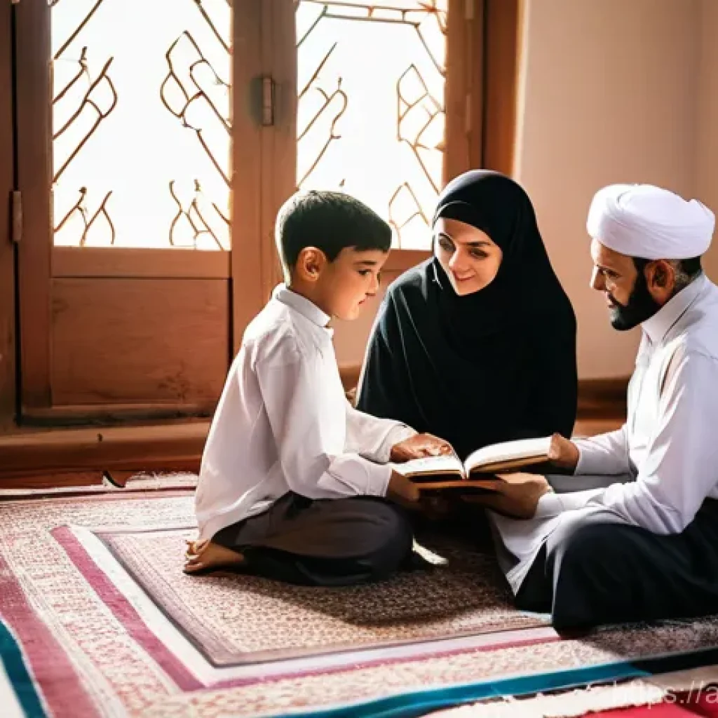 종교와 가족  가치와 전통 - **Prompt:** "A warm, inviting scene of a Muslim family, including parents and two children (a boy an...