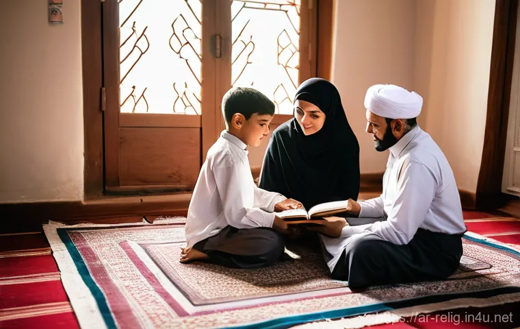 종교와 가족  가치와 전통 - **Prompt:** "A warm, inviting scene of a Muslim family, including parents and two children (a boy an...