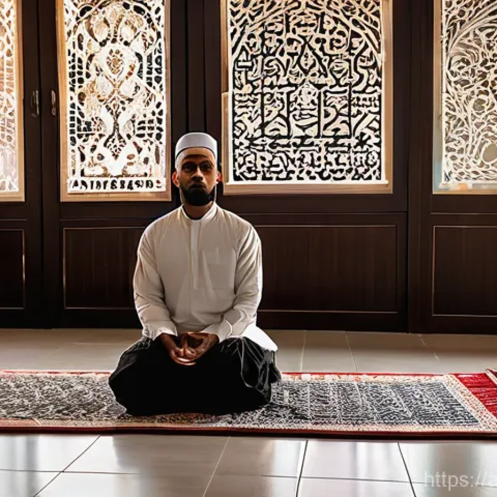 이슬람 5대 의무 - **A Serene Moment of Prayer (Salat)**
    "A young adult, either male or female, is deeply engaged i...