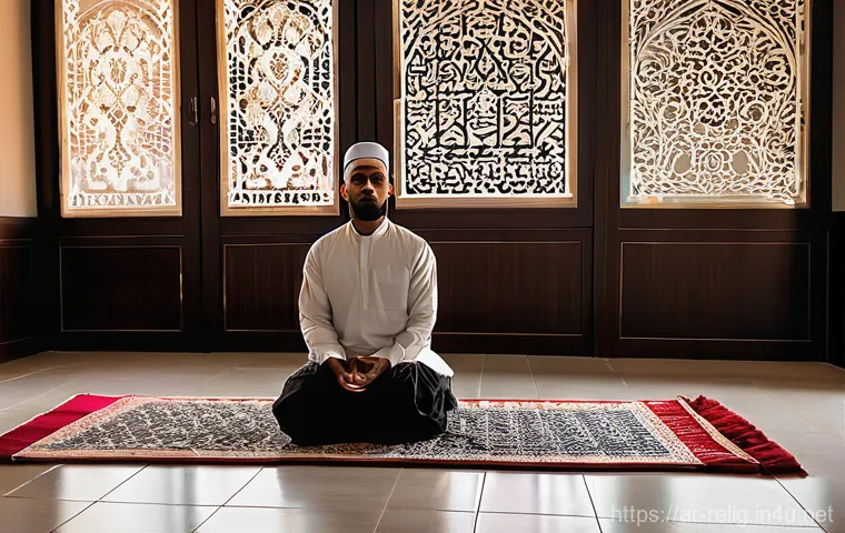 이슬람 5대 의무 - **A Serene Moment of Prayer (Salat)**
    "A young adult, either male or female, is deeply engaged i...