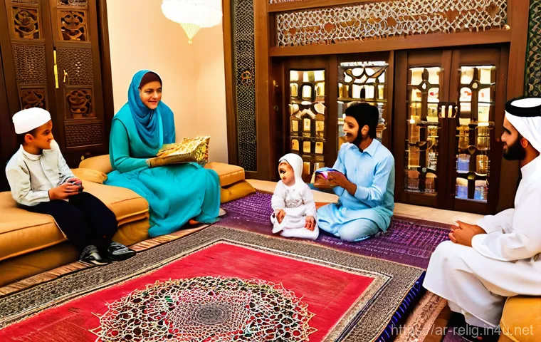 세계 종교 축제와 의식 - **Prompt 1: A Joyful Eid al-Fitr Family Gathering in an Arabian Home**
    A vibrant, warm, and bust...