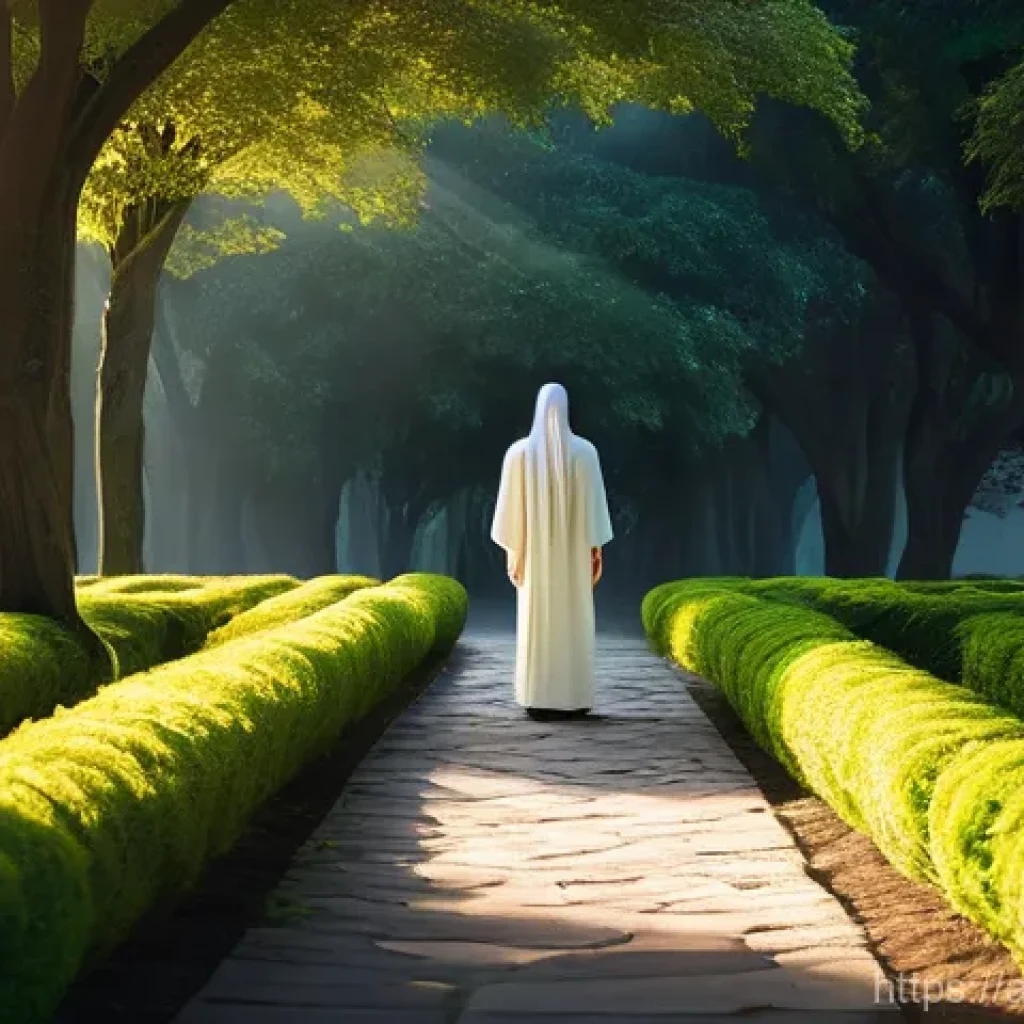 조로아스터교의 신앙 체계 - **Prompt:** A serene, contemplative young man or woman stands at a symbolic crossroads at dawn. One ...
