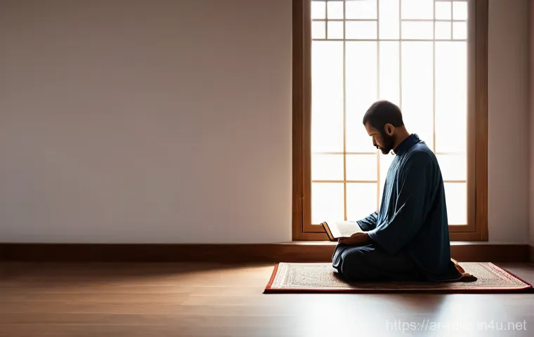 종교와 질병  팬데믹 속 종교의 대응 - A serene indoor scene featuring a person in modest, comfortable clothing, gently bowed in prayer or ...