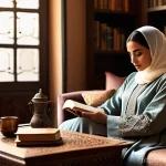 종교 서적과 베스트셀러 - **Prompt:** "A captivating image of a young Arab woman, gracefully dressed in a chic, modest abaya a...