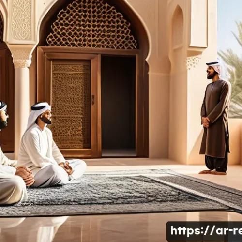 이슬람교와 코란의 가르침 - A serene Middle Eastern family scene set in a sunlit courtyard of a traditional Arabic home, featuri...