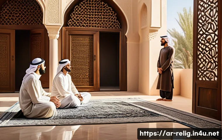 이슬람교와 코란의 가르침 - A serene Middle Eastern family scene set in a sunlit courtyard of a traditional Arabic home, featuri...