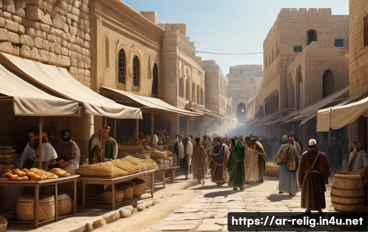 기독교의 기원과 예수의 생애 - A historically accurate scene of first-century Palestine under Roman rule, showcasing a bustling mar...