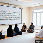 종교적 차별과 법적 대응 - A diverse group of Arab men and women in traditional and modern attire engaging in a peaceful interf...