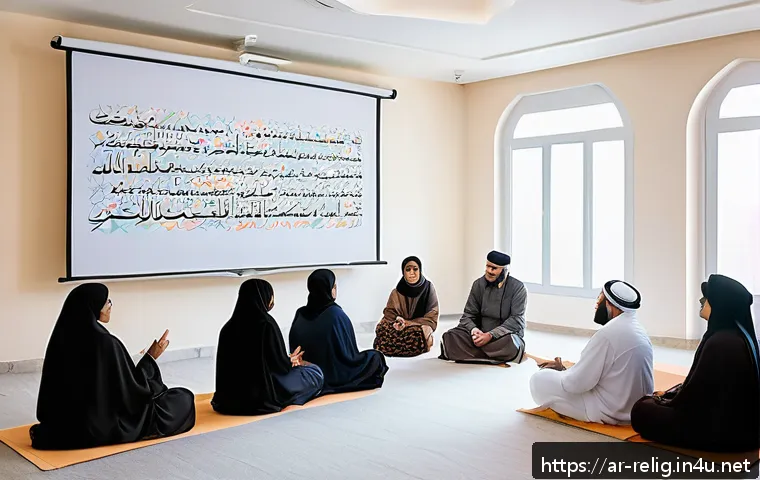 종교적 차별과 법적 대응 - A diverse group of Arab men and women in traditional and modern attire engaging in a peaceful interf...