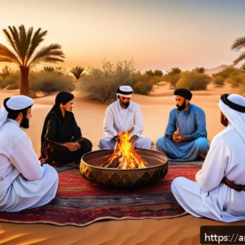 이스라엘 역사와 유대교의 관계 - A vibrant scene depicting an ancient Middle Eastern tribal gathering at sunset in a desert oasis, wi...