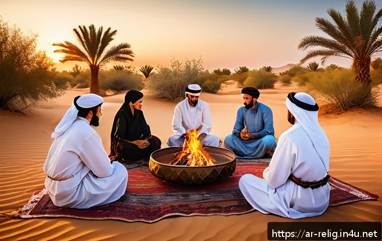 이스라엘 역사와 유대교의 관계 - A vibrant scene depicting an ancient Middle Eastern tribal gathering at sunset in a desert oasis, wi...