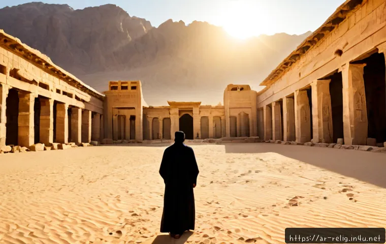 고대 종교와 신화 - Photorealistic ancient Arabian desert temple at sunrise, weathered sandstone columns and carved ston...