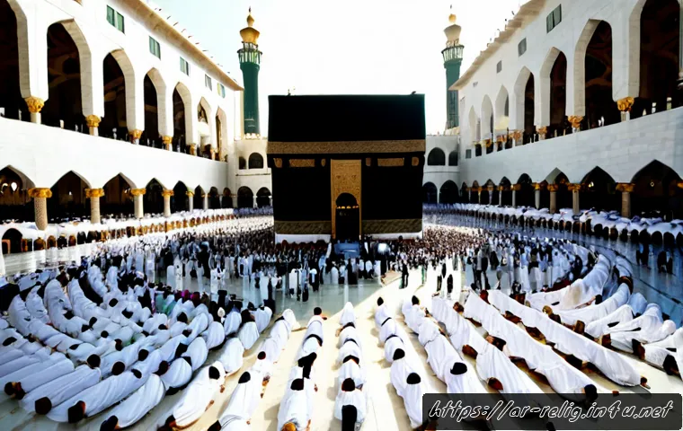 이슬람 성지 메카와 메디나 - Photorealistic wide-angle view of the Kaaba at Masjid al-Haram in Mecca during early morning, divers...